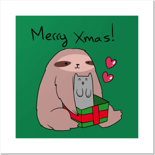 Merry Xmas! Sloth and Cat Posters and Art